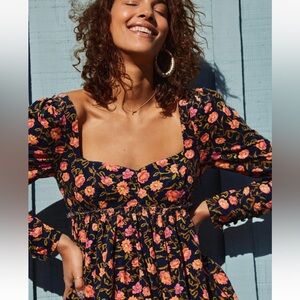 Free People Bessie corduroy floral babydoll mini dress in navy with pink orange